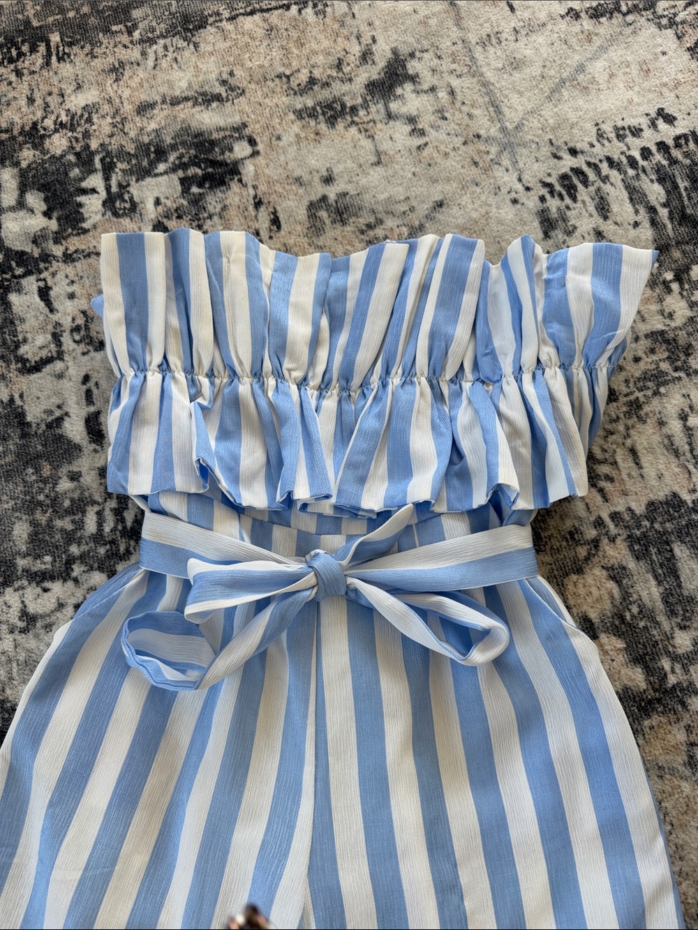 Vici Light Blue and White Striped Off-Shoulder Jumpsuit - Picture 2 of 5